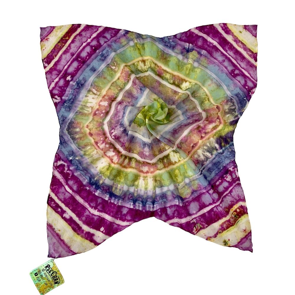 Vintage REEEGAN Silk Shibori Tie Dye Scarf 19x19 Purple Blue Green Hand Dyed